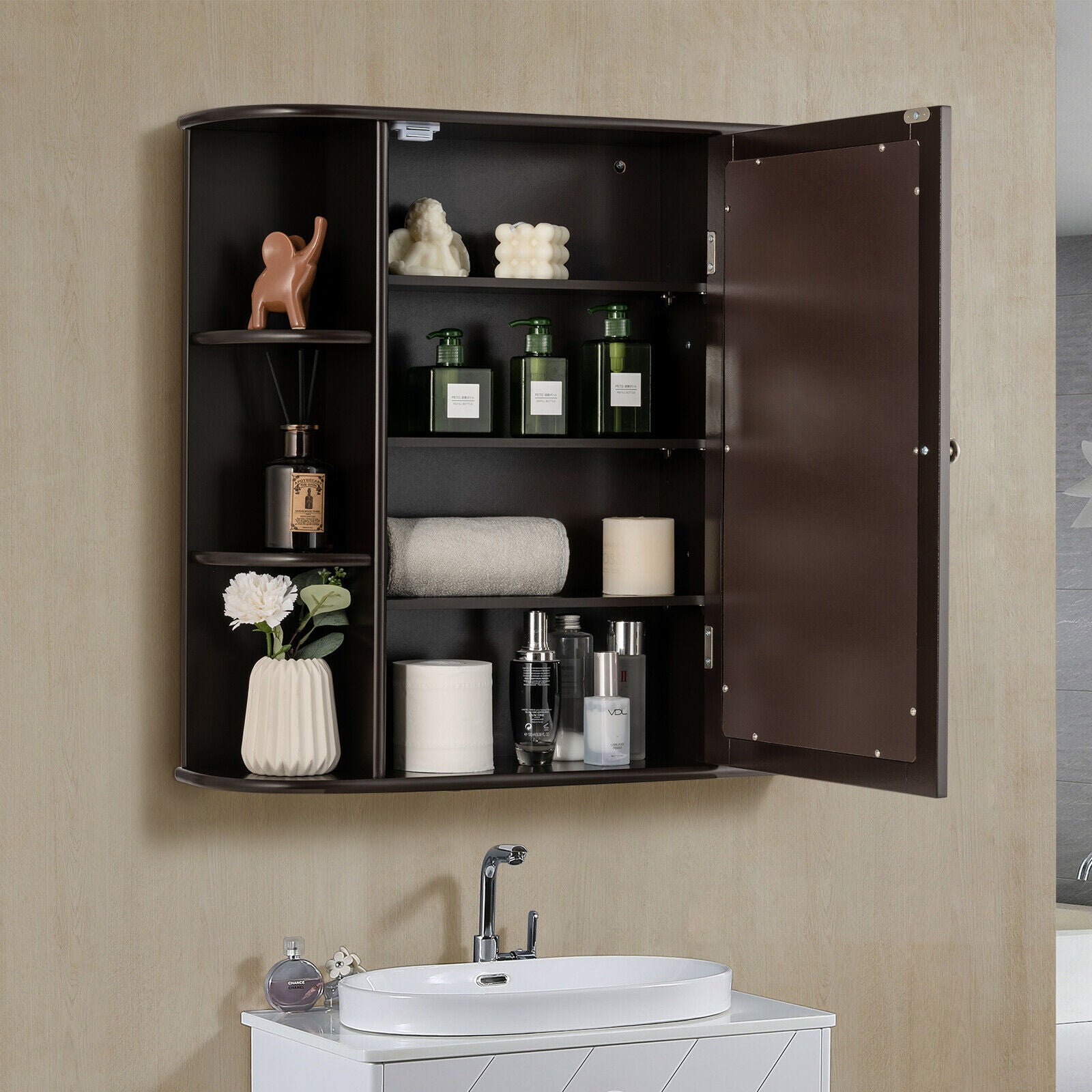 3-Tier Mirrored Wall Mounted Bathroom Cabinet-Brown